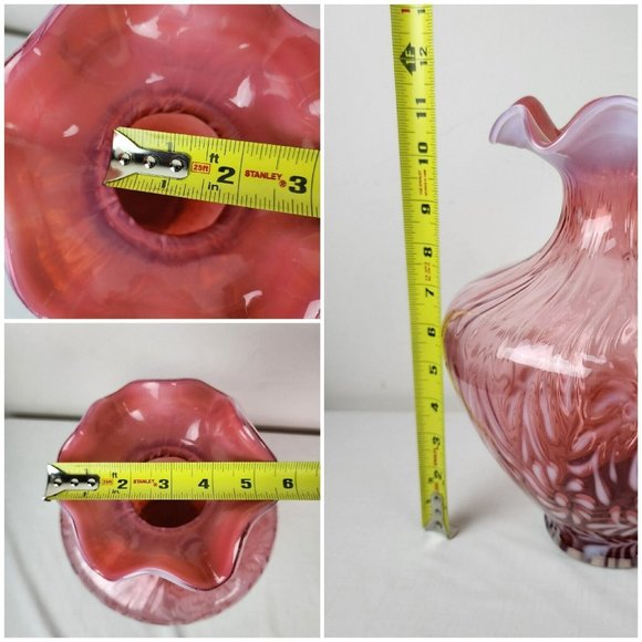 VTG Fenton Vase 11.5" Daisy & Fern Cranberry Opalescent Glass Ruffled White Pink - Picture 2 of 10